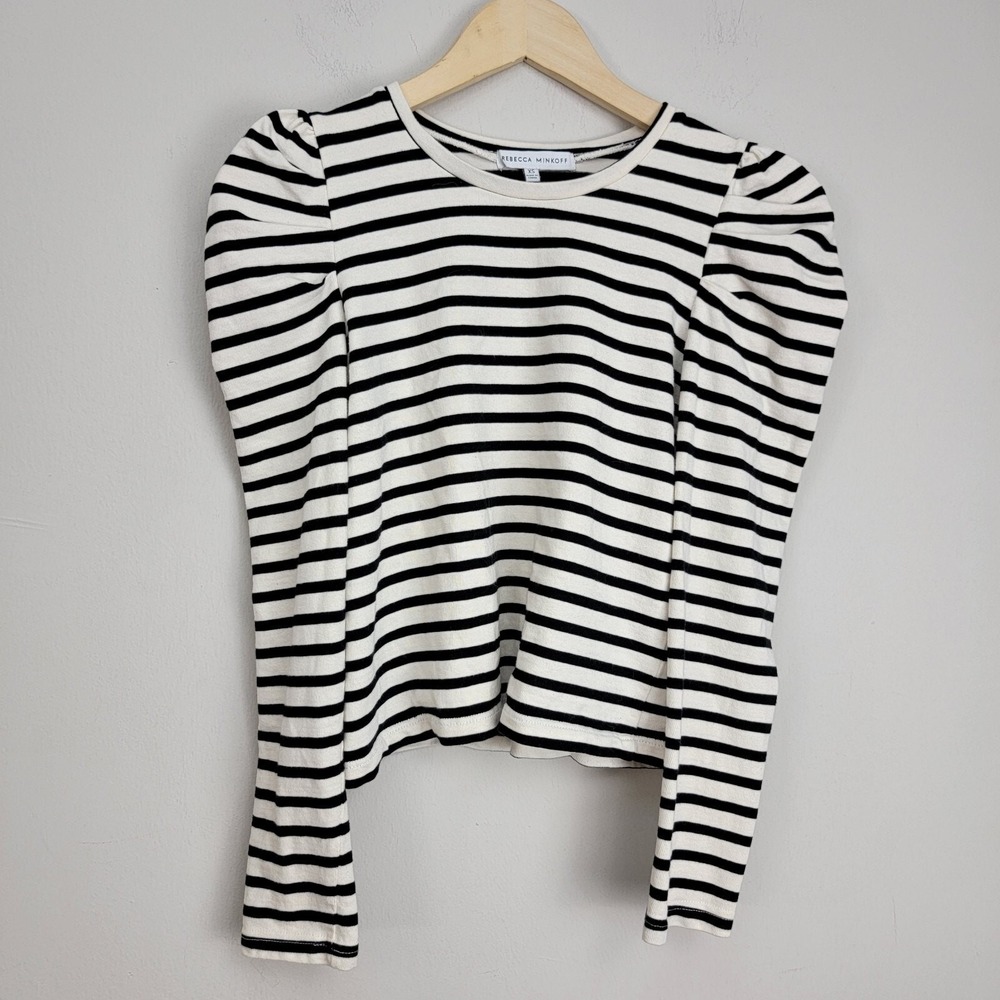 Rebecca Minkoff Talia Cropped Top Cream/Black Striped Sz XS Puff Long Sleeve